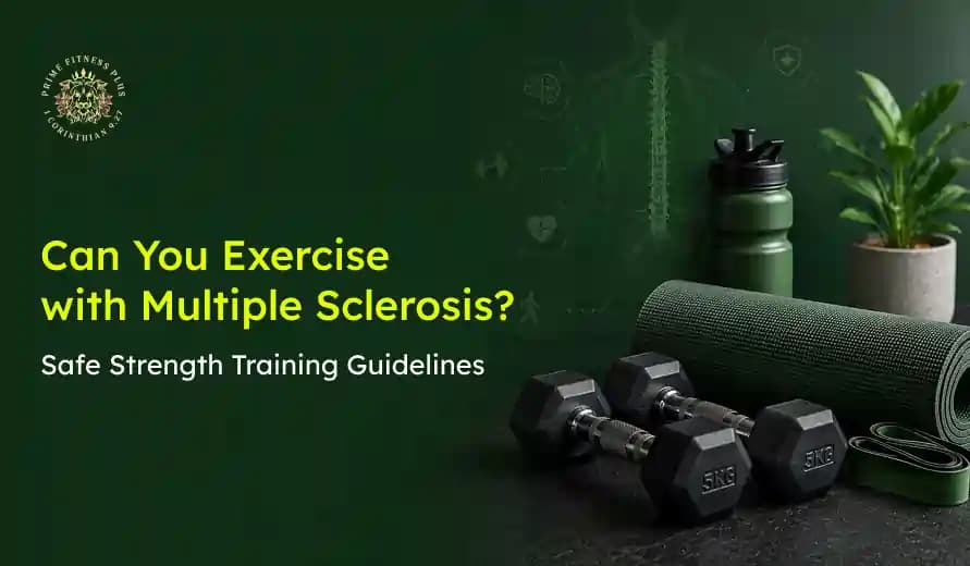 Text about exercising with multiple sclerosis and safe strength training, with dumbbells, a yoga mat, a water bottle, and a plant on a dark background.