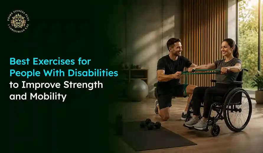 A woman in a wheelchair exercises with resistance bands, assisted by a smiling man in a gym.