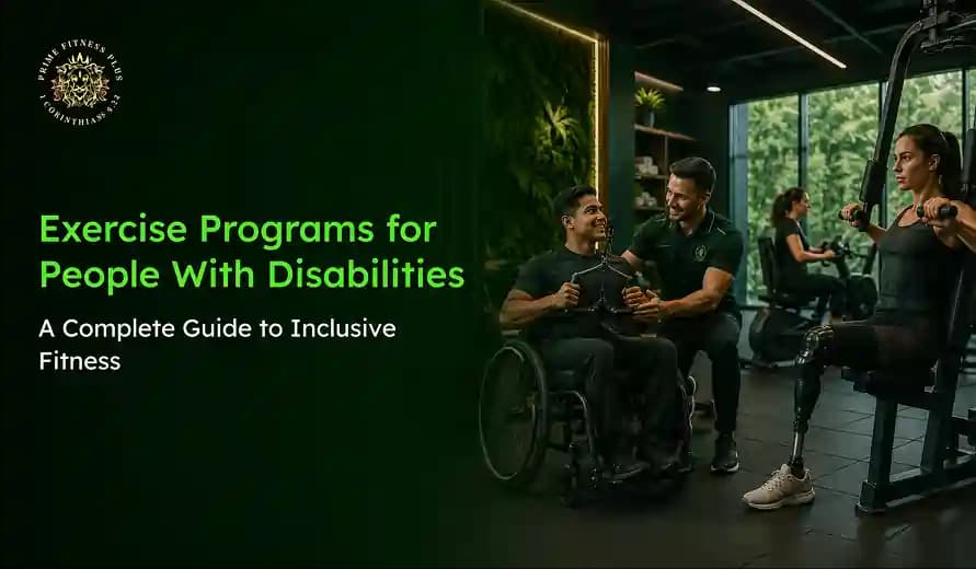 Two men with disabilities exercising with a trainer and a woman with a prosthetic leg using gym equipment in an inclusive fitness centre.