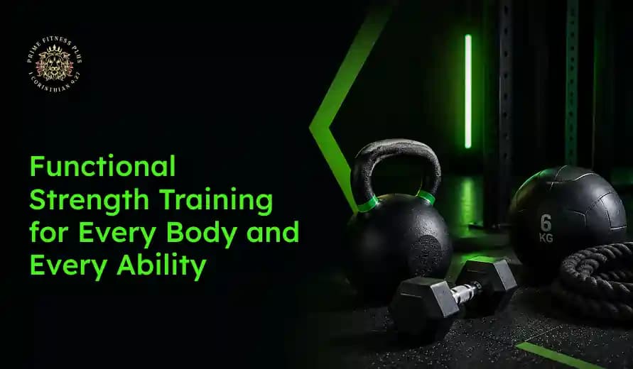 Fitness gear including kettlebell, dumbbell, medicine ball, and rope with text "Functional Strength Training for Every Body and Every Ability."