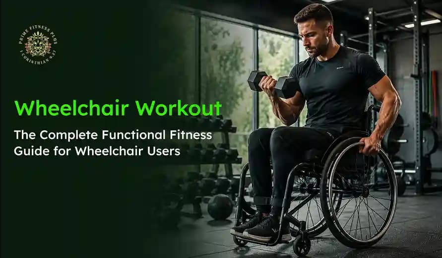 WheelchairMan in a wheelchair lifting a dumbbell in a gym, promoting a complete functional fitness guide for wheelchair users.