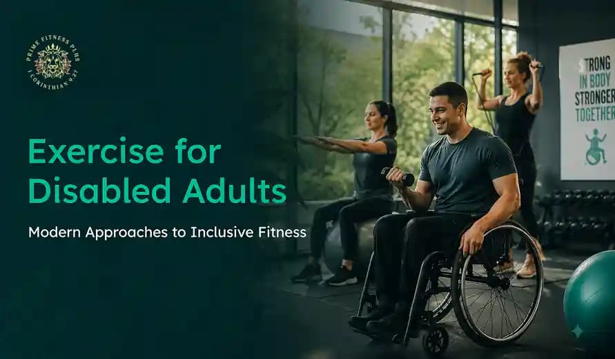 Group of diverse adults exercising in a gym, including a man in a wheelchair lifting weights, promoting inclusive fitness for disabled adults.