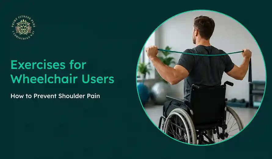 Man in a wheelchair using a resistance band to exercise shoulders, titled "Exercises for Wheelchair Users: How to Prevent Shoulder Pain.