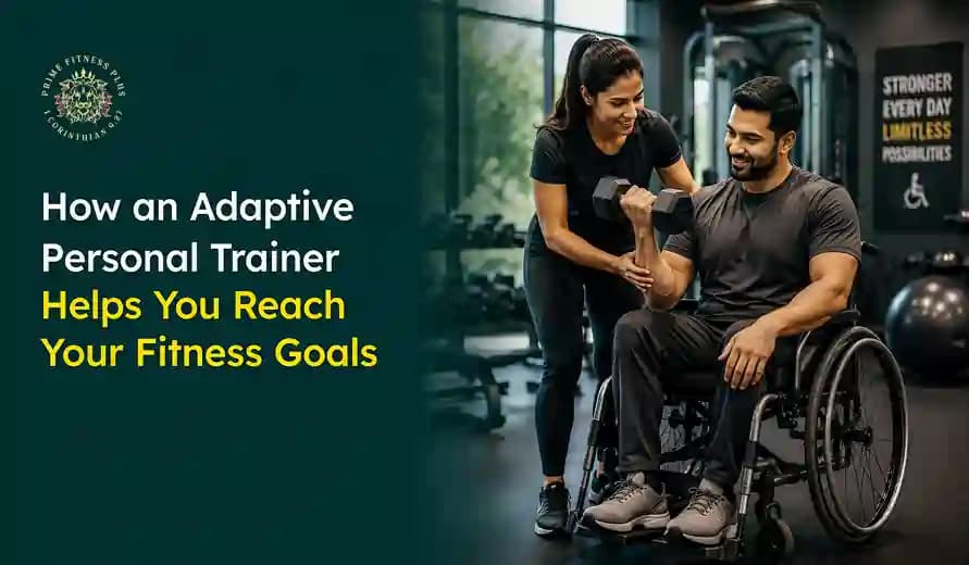 A man in a wheelchair lifts dumbbells with assistance from a trainer in a gym. Motivational text is displayed on the wall behind them.