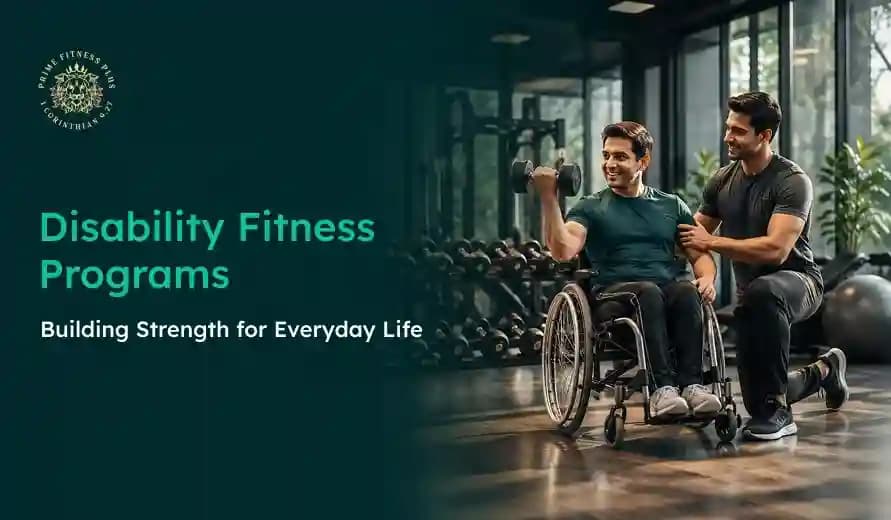 Man in wheelchair lifting dumbbell with trainer support in a gym, promoting disability fitness programs for everyday strength.
