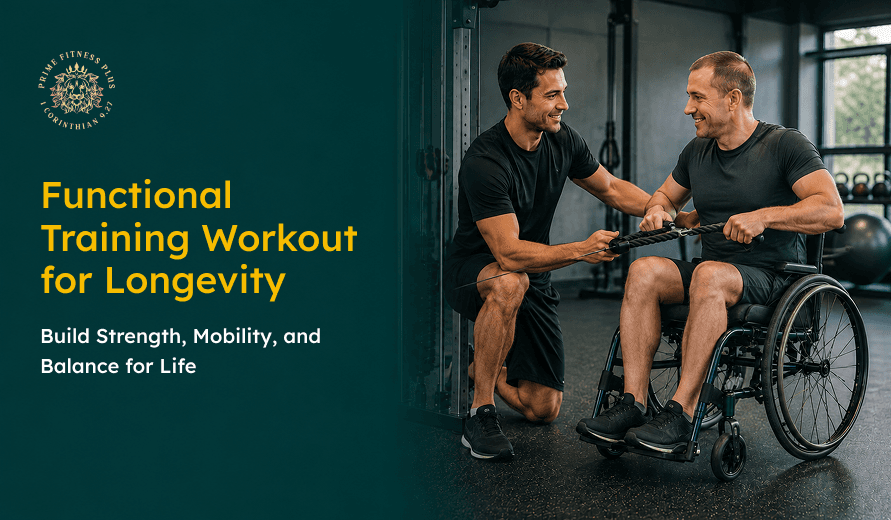 Two men, one in a wheelchair, smiling and exercising together with resistance bands in a gym setting. 