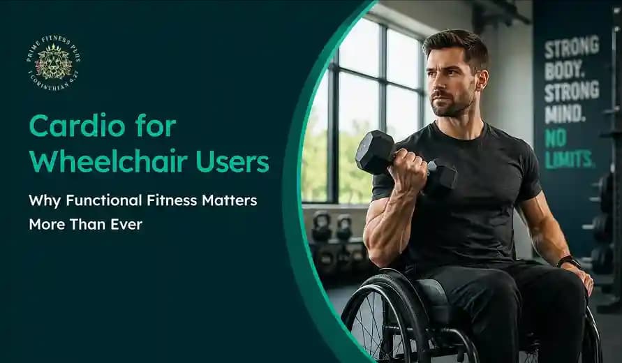Man in wheelchair lifting dumbbell in gym with text about cardio for wheelchair users and functional fitness importance.