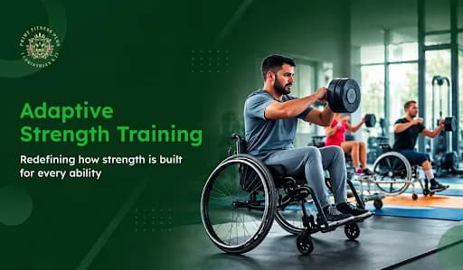 Man in wheelchair lifting weights during adaptive strength training session at gym, with others exercising in background.