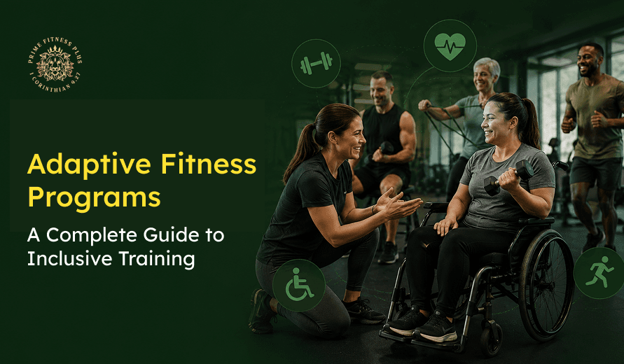 Group of diverse people exercising inclusively, including a woman in a wheelchair lifting weights, in a gym setting with fitness icons.